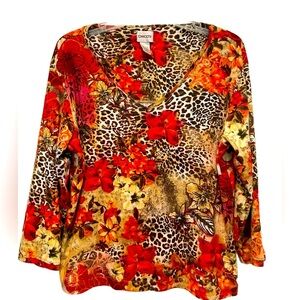 Chico’s Animal/Floral Print Cotton Long Sleeve Top (Size 3/XL)